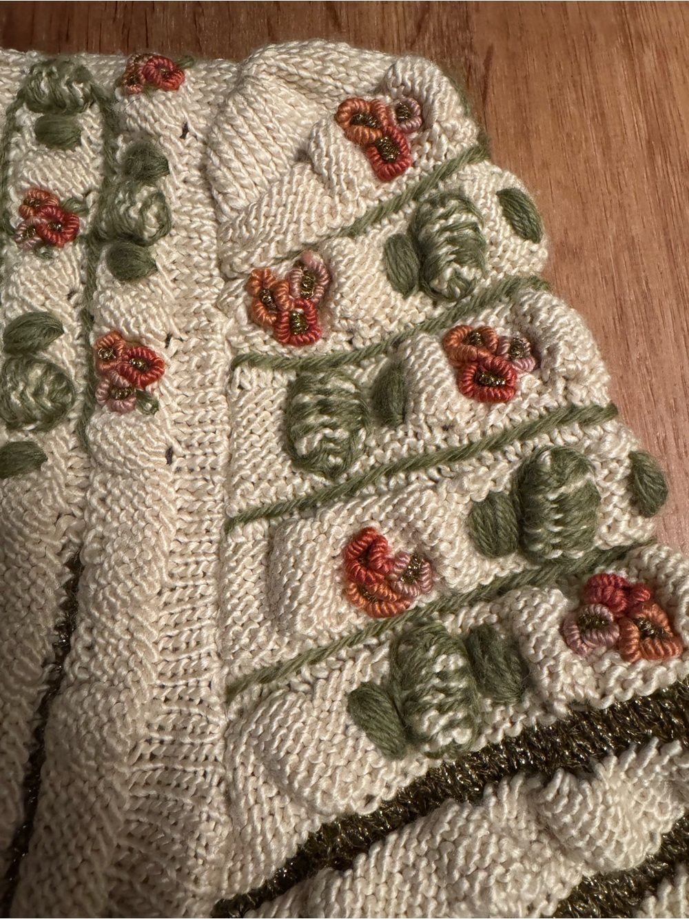 Hand-Knit Cream Floral Button-Front Sweater Cardigan - Picture 6 of 8
